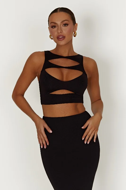 Chloe Cut Out Crop Top - Black Polished Women's Silk