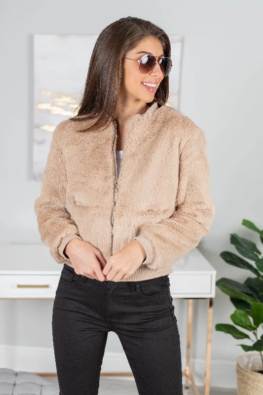 On Tempo Taupe Brown Faux Fur Bomber Jacket Stylish Women's Neon