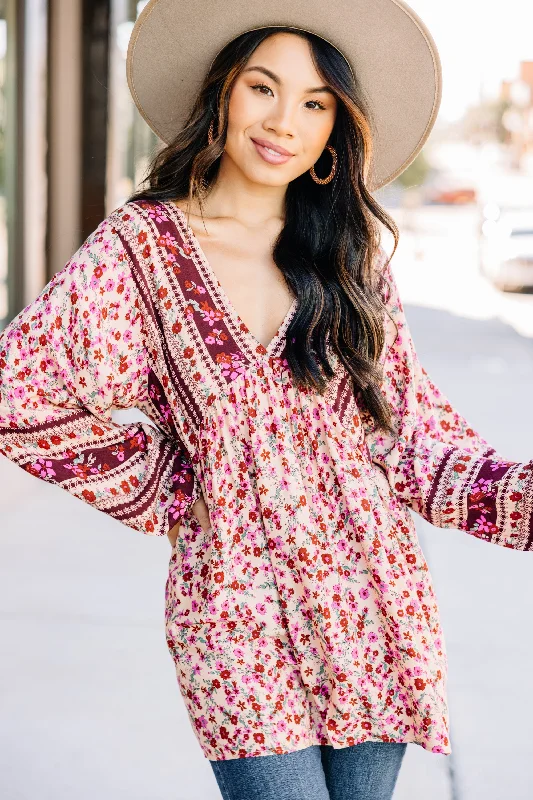 Searching For Joy Wine Red Mixed Print Tunic Refined Women's Hand - crafted