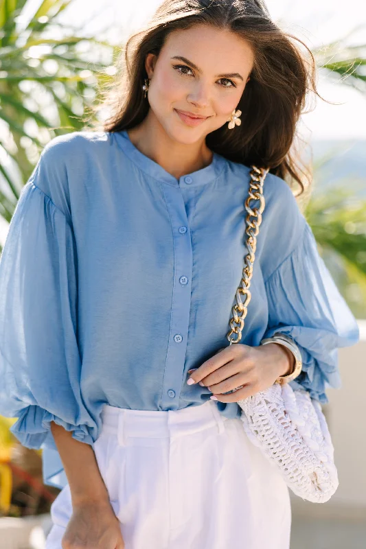 Fate: Far From Over Light Blue Puff Sleeve Blouse Laid - back Women's Vibe