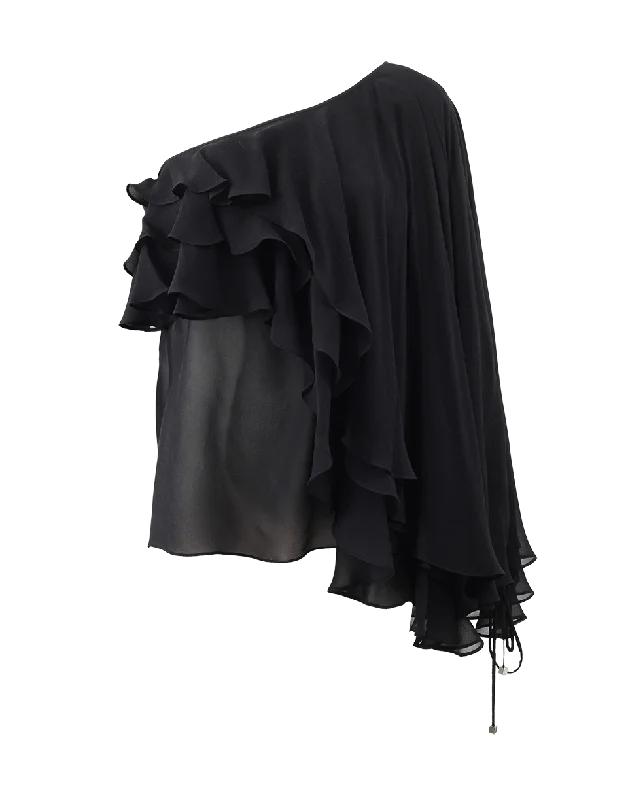 One Shoulder Ruffle Top Classic Women's Pin - striped