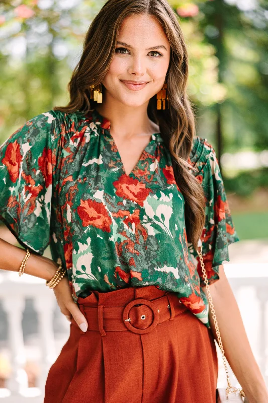 Into Your Heart Green Floral Blouse Minimalist Women's Casual