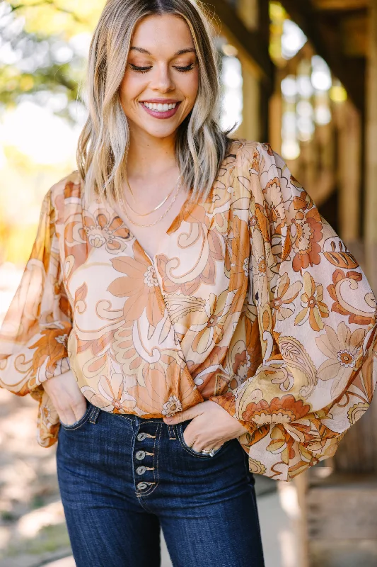 All For Love Camel Brown Floral Bodysuit Laid - back Women's Vibe