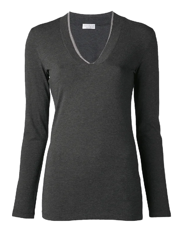 Monili Detail Long Ribbed Tee Casual Women's Loose - fitting