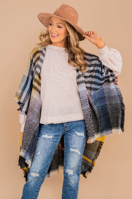 Off To Silver City Red And Yellow Plaid Open Poncho Bold Women's Statement
