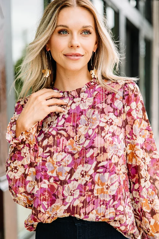 Always On Magenta Purple Floral Blouse Sleek Women's Metallic