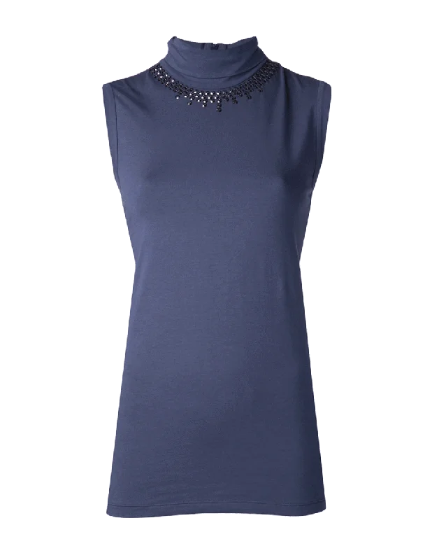 Cotton Jersey Swarovski Turtleneck Tank Cool Women's Distressed