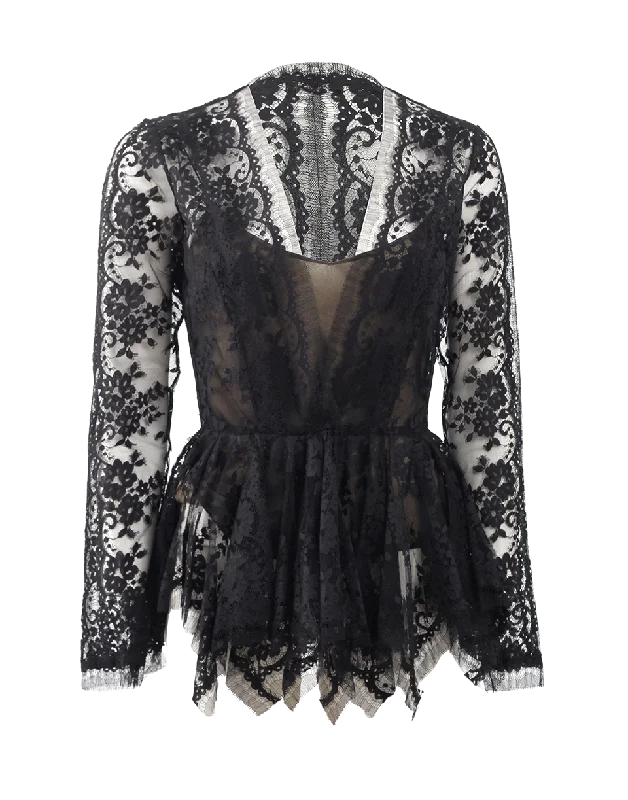 Black Lace Blouse Jacket Polished Women's Silk