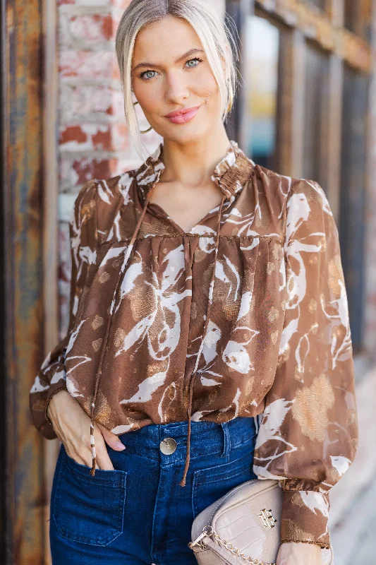 Give You A Try Camel Brown Floral Blouse Sophisticated Women's 