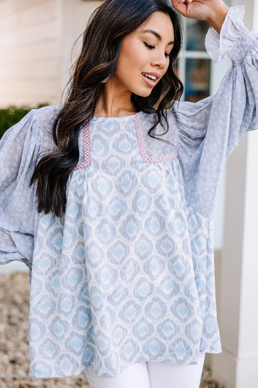Feeling Your Very Best Blue Floral Blouse Sleek Women's Metallic