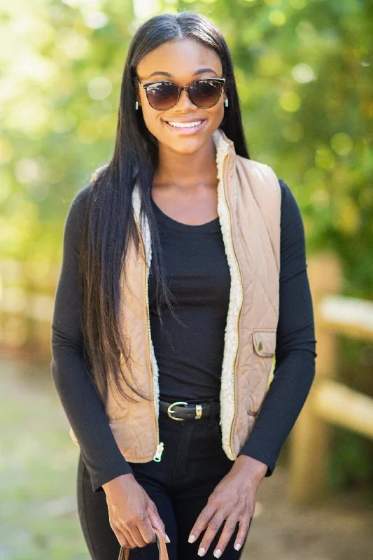Follow The Trail Camel Brown Puffer Vest Country