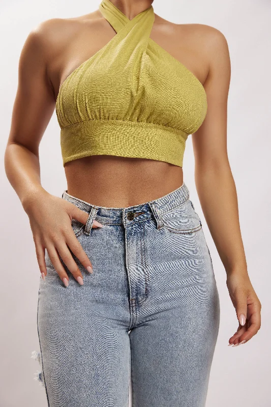 Piper Halter Neck Linen Crop Top - Apple Gym