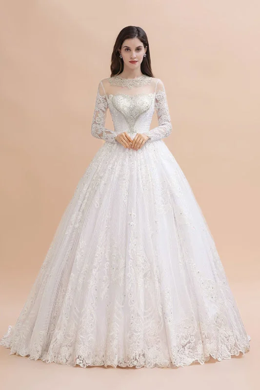 Elegant Long Sleeve Ctystal Beaded Lace Ball Gown Wedding Dress Disco