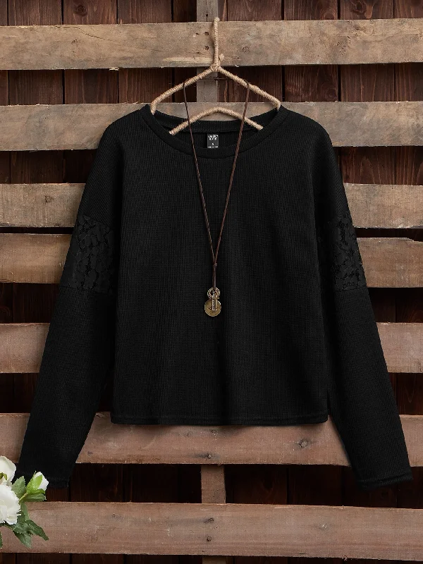 Casual Plain Contrast Lace Long Sleeve Round Neck Regular Women T-Shirt Elegant Women's Formal Casual Plain Contrast Lace Long Sleeve Round Neck Regular Women T-Shirt Elegant Women's Formal