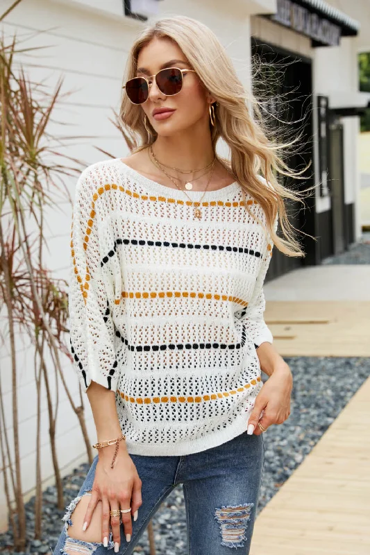 Striped Openwork Three-Quarter Sleeve Knit Top purpose