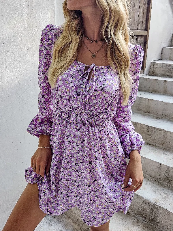 Ditsy Floral Tie Front Long Sleeve Square Neck Flared High Waist Short Dress Stylish Women's Neon Ditsy Floral Tie Front Long Sleeve Square Neck Flared High Waist Short Dress Stylish Women's Neon