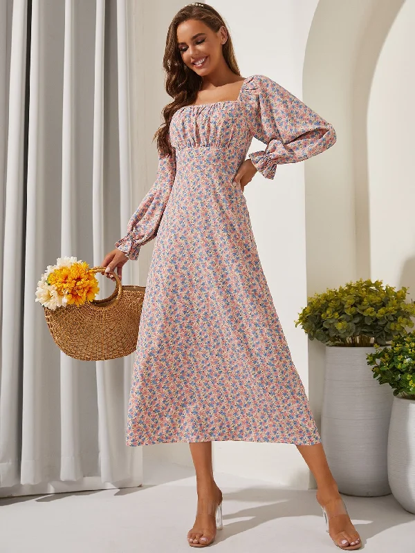 Ditsy Floral Ruched Bust Long Sleeve Square Neck Flared High Waist Long Dress