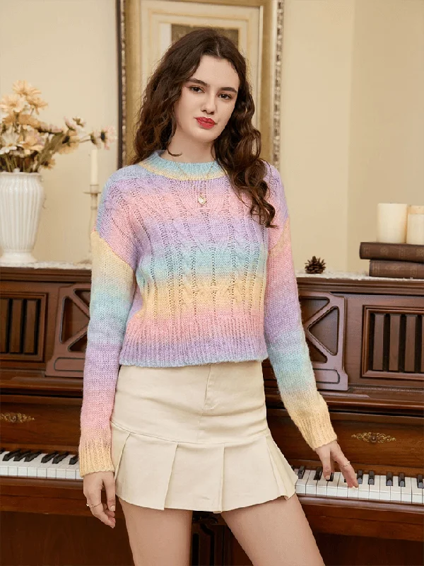 Rainbow Color Cable-Knit Dropped Shoulder Knit Top French