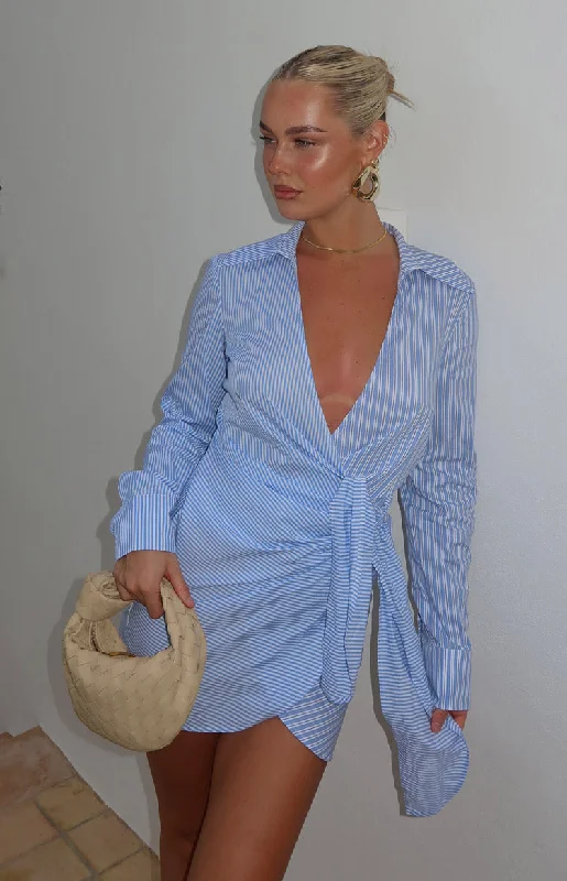 Holly Blue Stripe Tie Up Shirt Mini Dress Bold Women's Animal Print