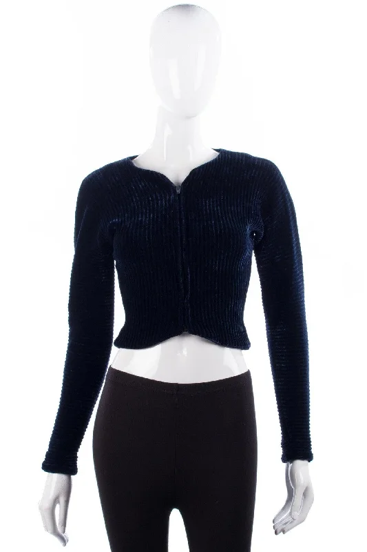 Jean Muir London Vintage Ribbed Jacket Deep Blue Velvet size S Athletic Women's High - Jean Muir London Vintage Ribbed Jacket Deep Blue Velvet size S Athletic Women's High -