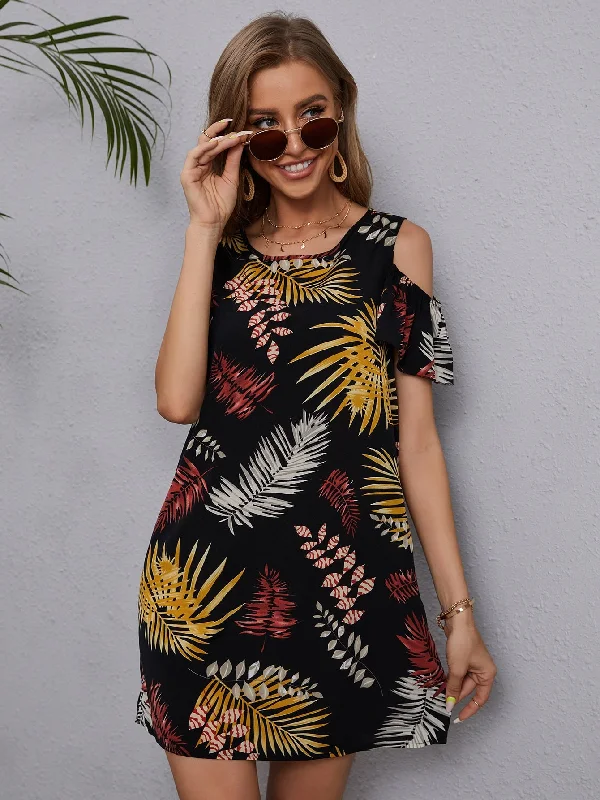 Plants Short Sleeve Cold Shoulder Straight Natural Short Dress Monochromatic Office Style