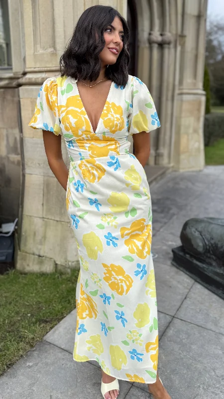 Lucinda Yellow Floral Short Sleeve Maxi Dress Refined Women's Velvet