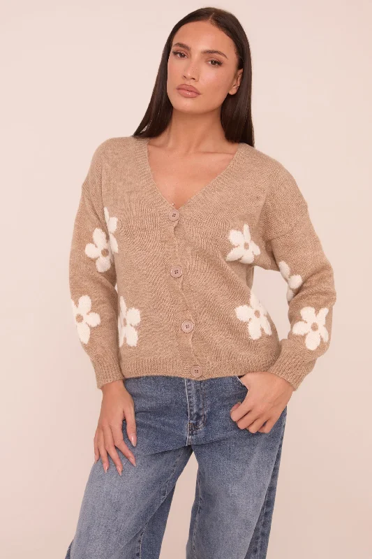 Beige Floral Button Up Front Long Sleeves Cardigan - Poppy Monochromatic Office Style Beige Floral Button Up Front Long Sleeves Cardigan - Poppy Monochromatic Office Style