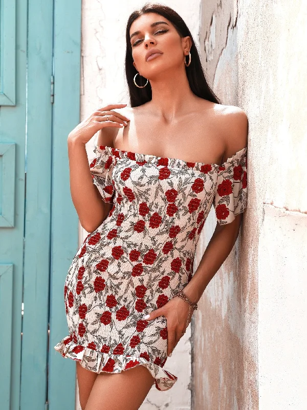 Floral Shirred Short Sleeve Off The Shoulder Pencil Natural Short Dress Refined Women's 