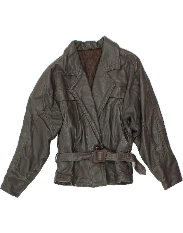 VINTAGE Womens Leather Jacket IT 42 Medium Grey Leather Gym