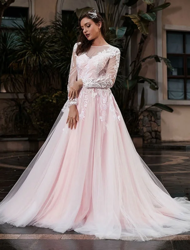 Customize Wedding Dress With Train A-Line Long Sleeves Satin Fabric Jewel Neck Bridal Gowns