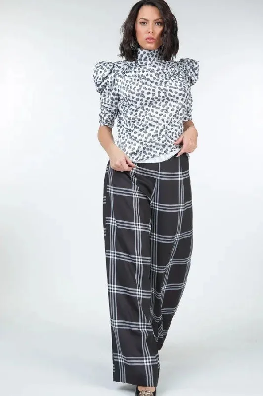 High Waist Plaid Print Wide Leg Pants Unique Women's Upcycled