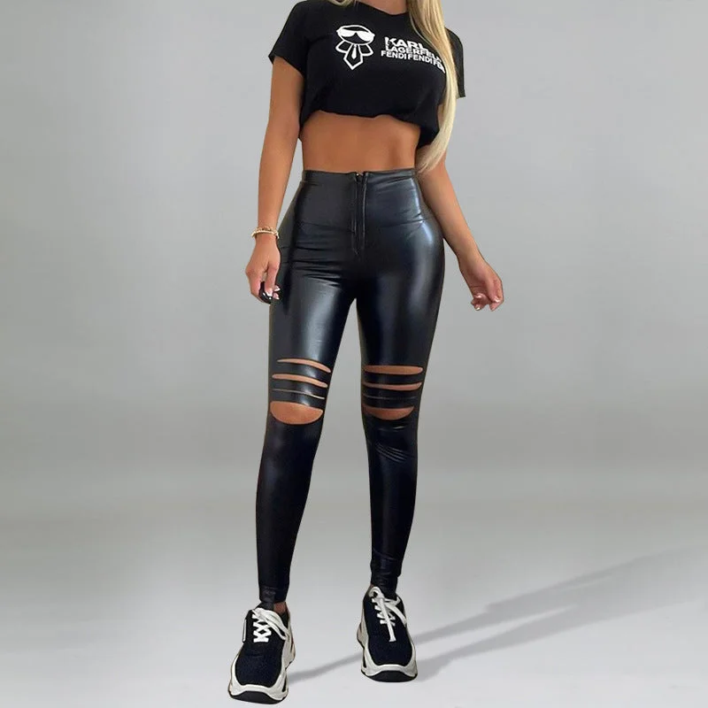 Solid Color Sexy Ripped Leather Pants Wholesale Womens PU Trousers Minimalist Women's Casual