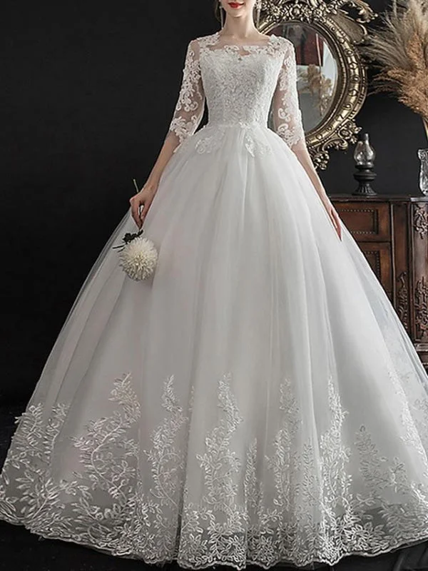 A-Line Wedding Dresses Jewel Neck Sweep \ Brush Train Lace Half Sleeve Glamorous See-Through Illusion Sleeve