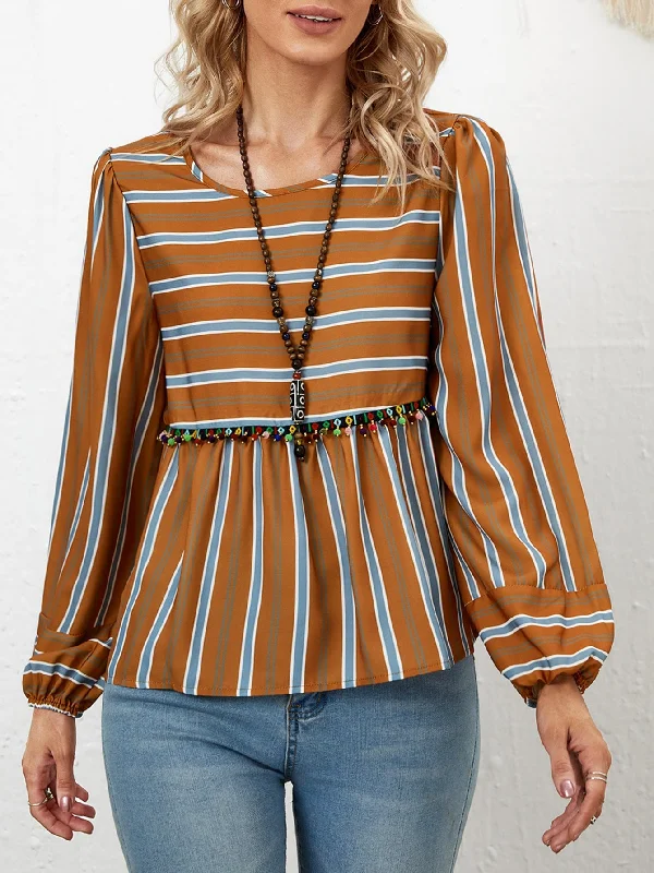 Cute Striped Ruffle Hem Long Sleeve Scoop Neck Flared Regular Blouse Bohemian Women's Free Cute Striped Ruffle Hem Long Sleeve Scoop Neck Flared Regular Blouse Bohemian Women's Free