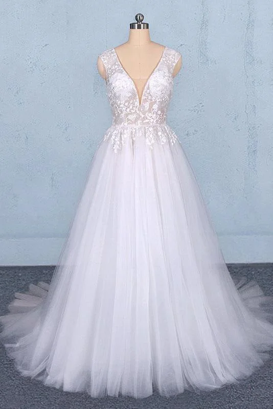 Sexy V Neck Tulle with Lace Appliques A Line Backless Wedding Dress Refined Women's Velvet