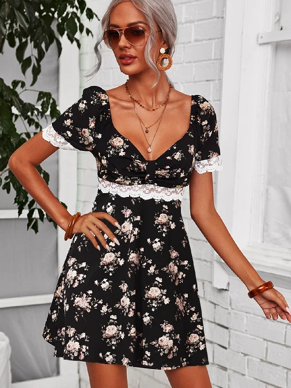 Floral Ruched Bust Short Sleeve Sweetheart Flared High Waist Short Dress Contemporary 