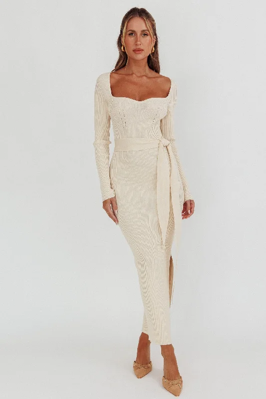 Twilight Moments Long Sleeve Knit Dress Cream Sophisticated Women's Tailored