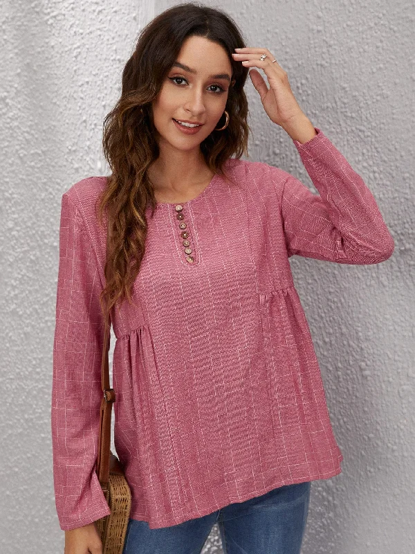 Casual Plaid Button Long Sleeve Scoop Neck Regular Blouse Sharp Women's Italian