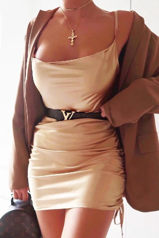 Gold Satin Ruched Side Slip Bodycon Dress - Davie Cool Women's Skate