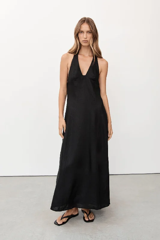 AUDREY BLACK HALTER LINEN MIDI DRESS Monochromatic All - in - one
