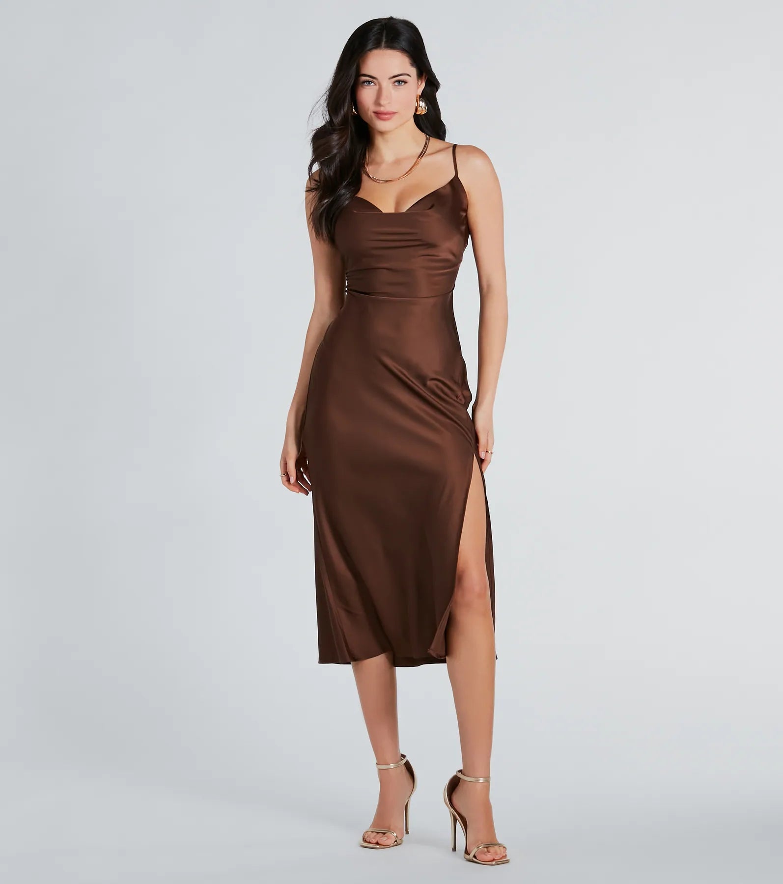 Classic Silky Satin High Slit Midi Dress Sophisticated Women's 