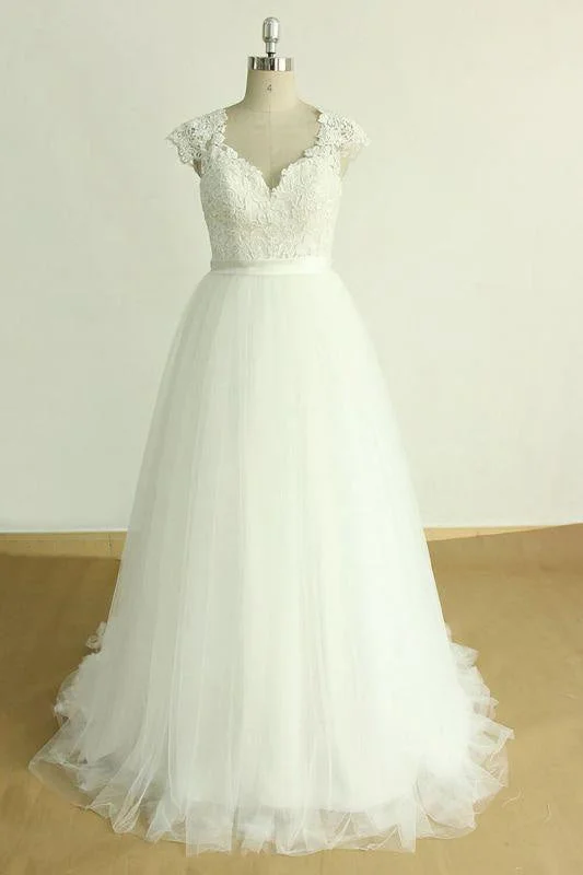 Bridelily Appliques Cap Sleeve Tulle A-line Wedding Dress French