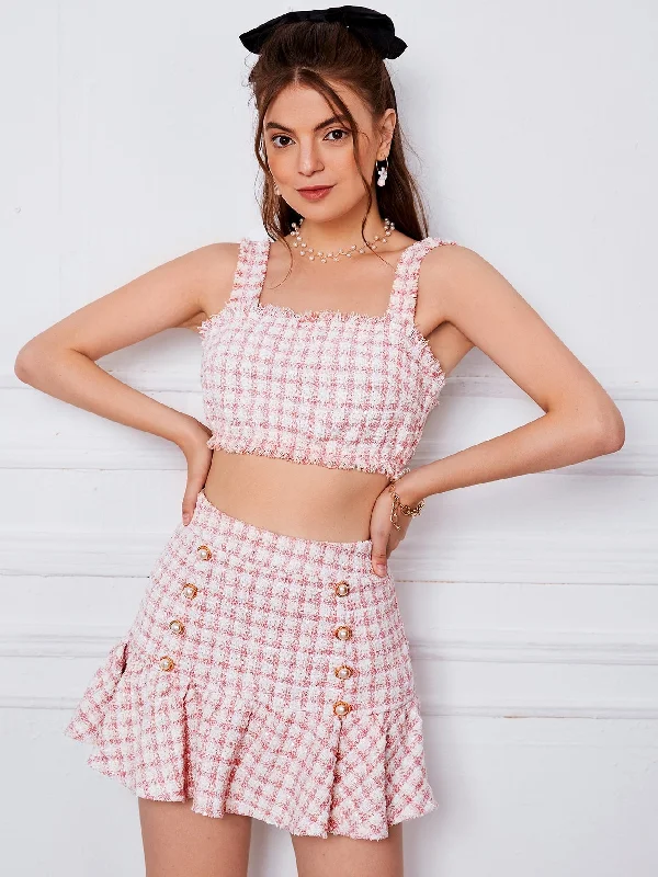 Boho Plaid Zipper Sleeveless Straps Women Two-Piece Outfits Geometric