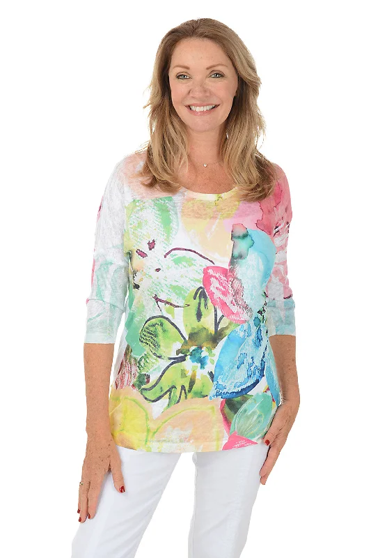Vivid Spring Curved Hem Knit Top Stylish Women's Tropical 