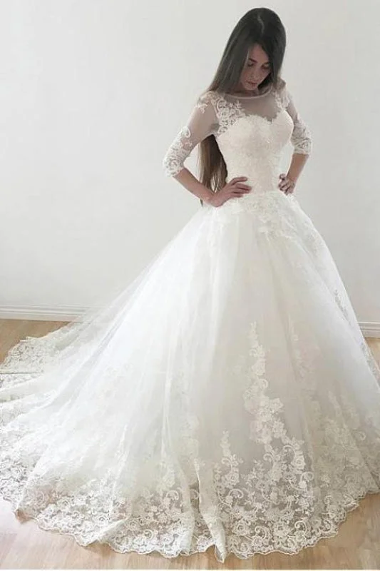 Ivory Puffy Half Sleeves Long Vintage Tulle Bateau Appliques Wedding Dress Practical Women's Quick - dry
