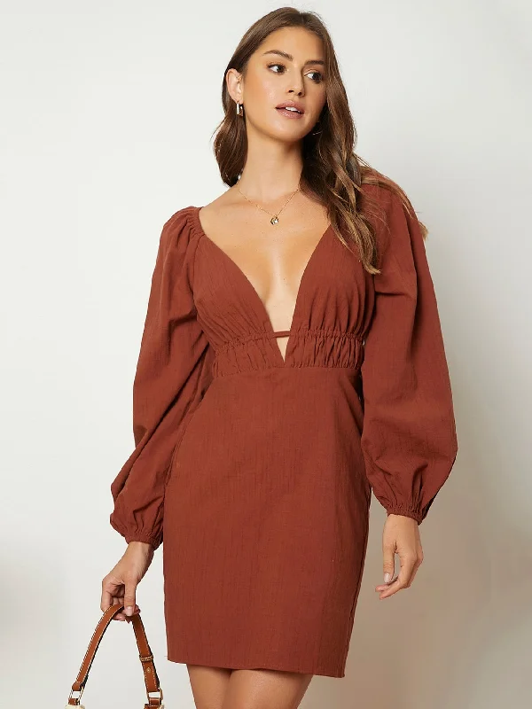 Plain Ruched Bust Long Sleeve Deep V Neck Pencil High Waist Short Dress Adventure