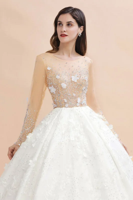 Floral Jewel Crystal Beads Long Sleeve Sheer Tulle Ball Gown Wedding Dress Cozy Women's Sherpa - lined