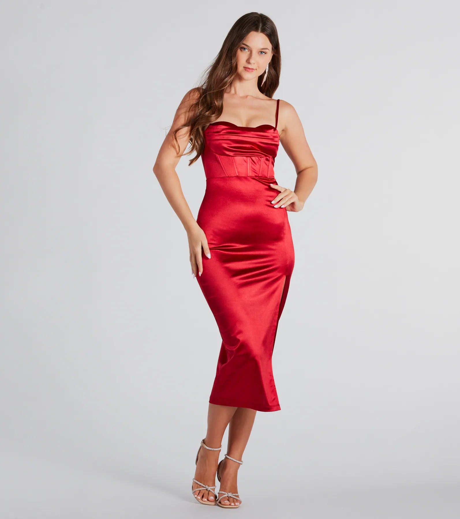 Alena Formal Satin Cowl Neck Midi Dress Sleek Women's 