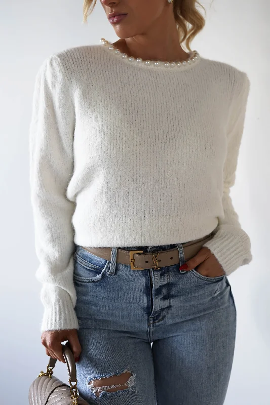 Caliste Pearl Detail Cosy Jumper | White Trendy Women's 