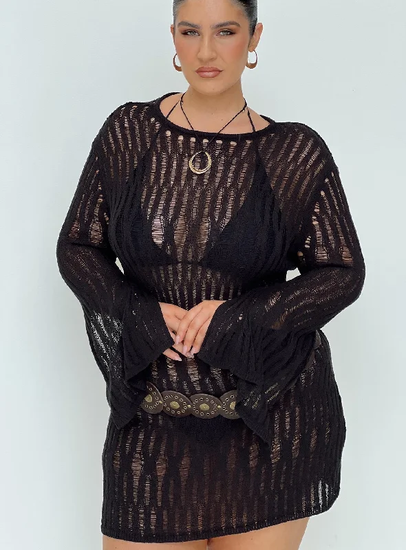 Cylian Long Sleeve Knit Mini Dress Black Curve Women